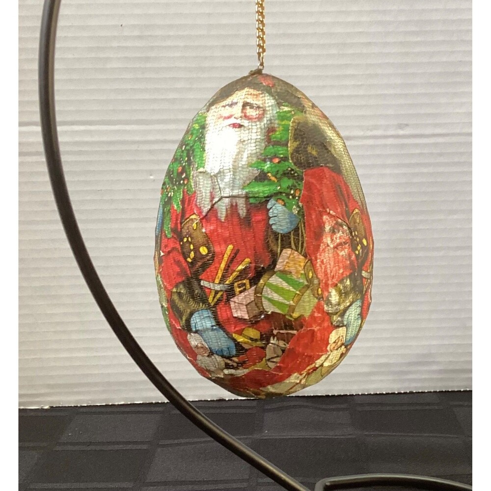 Vintage Paper Mache Santa Claus Egg Shape Ornament Wire Mesh Wrapped Hand Craft